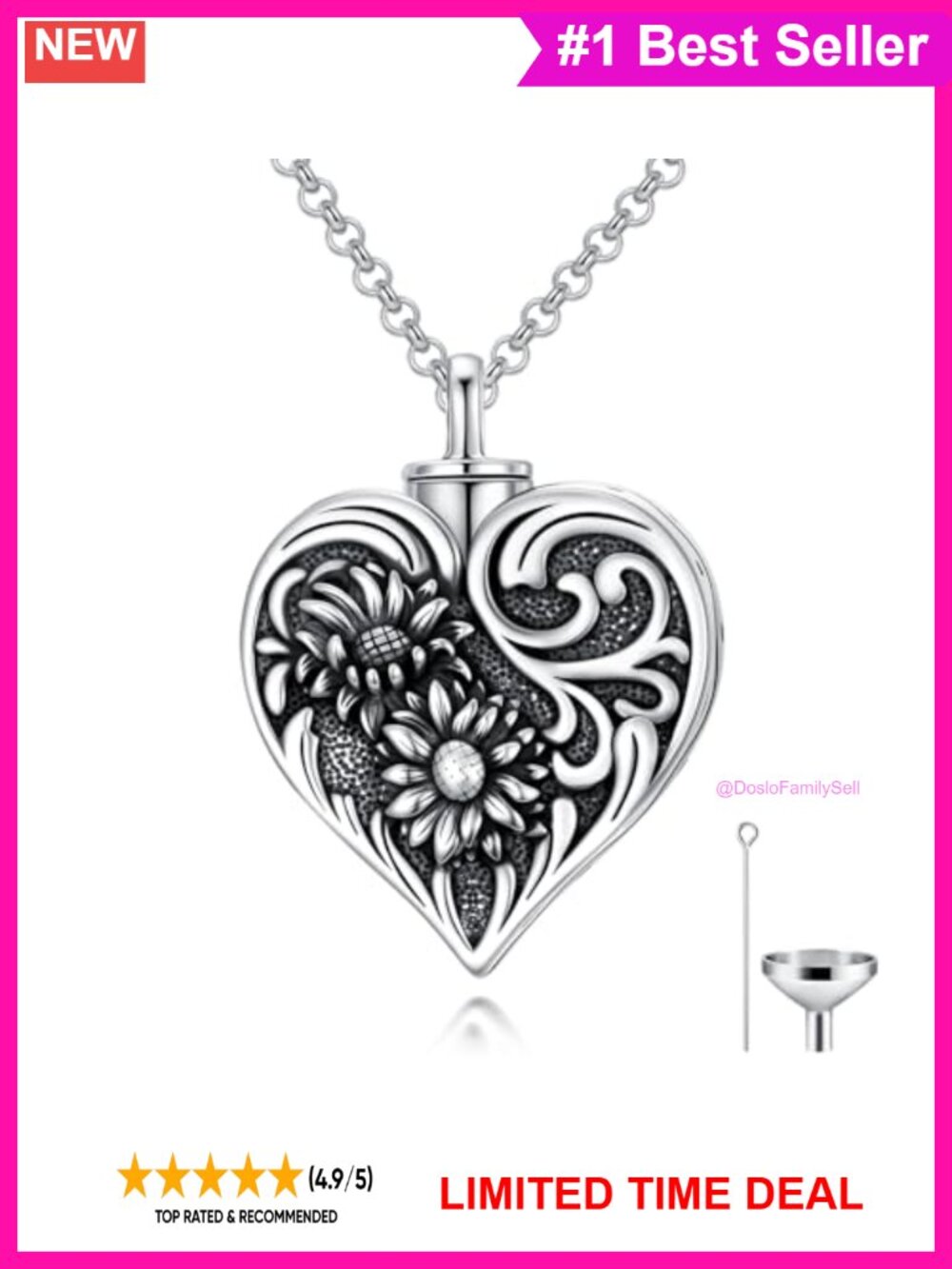 Sterling Silver Urn Necklace for Ashes Heart Shaped Cremation Pendant Memorial
